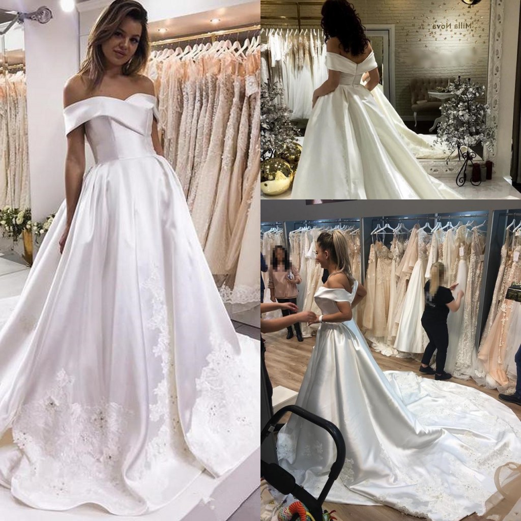 Elegant Off Shoulder Wedding Dresses 2018 Country Plus Size A Line Lace Appliques Satin Chapel Train Bridal Gowns Custom Made Bride Dress