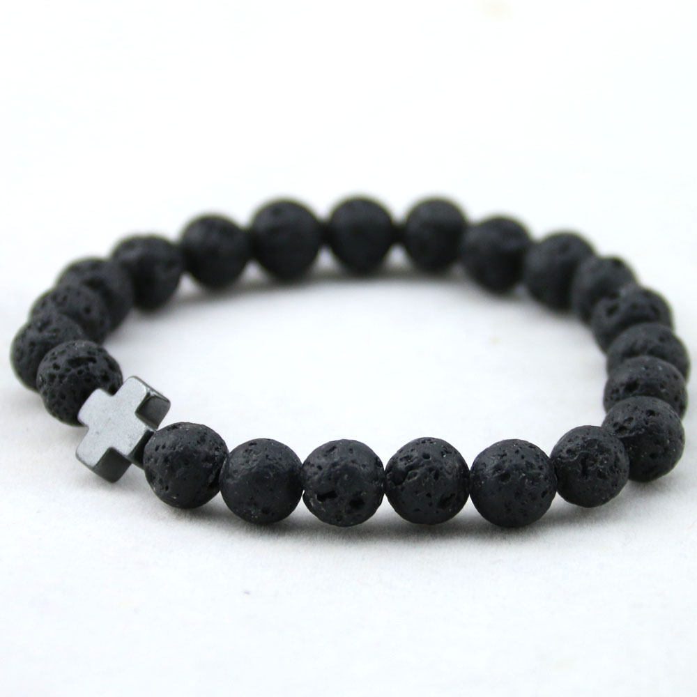 2017 New Arrival Mens Beaded Jewelry 8mm Lava Stone Beads Cross Bracelets Party Gift Yoga Jewelry