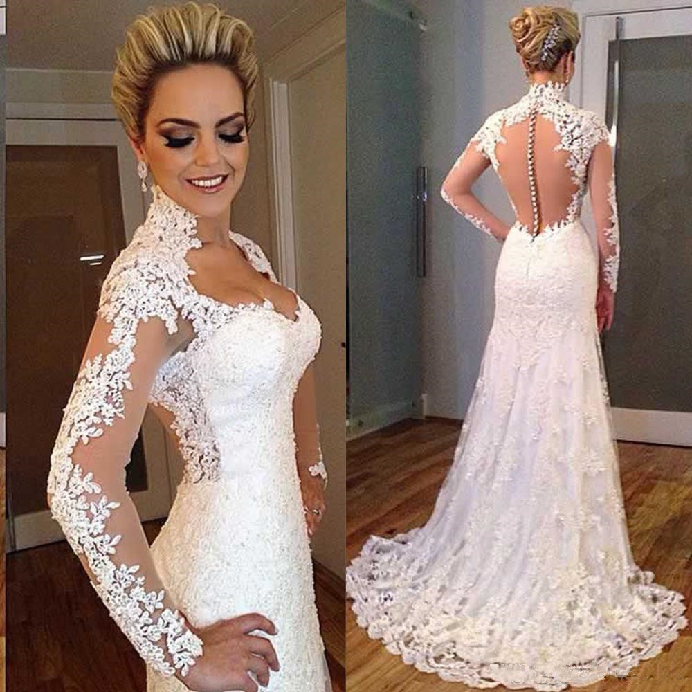 

2018 vintage wedding dresses lace sweep buttons see through back vestidos de novia applique illusion long sleeves wedding gowns, Custom made from color chart