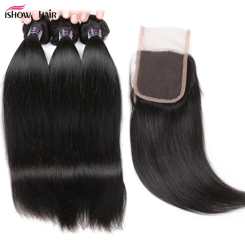 

Ishow 10A Mink Brazilian Straight Human Hair Bundles with Lace Closure Peruvian Virgin Hair Malaysian Weave Weft for Women Girls All Ages Natural Color