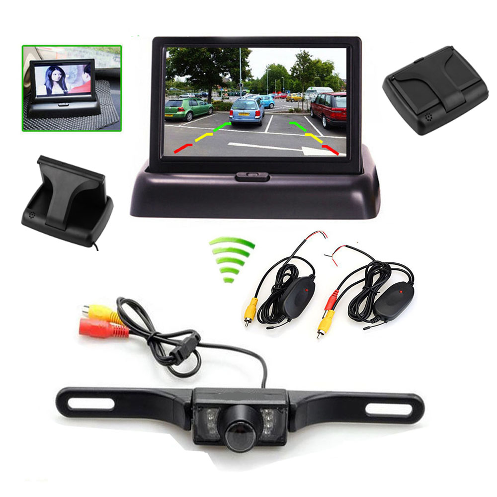 

Wireless 4.3" Folding Foldable Monitor + HD 7 LED IR Night Vision Car Rear View Reverse Backup License Plate Camera (with Grid Lines)