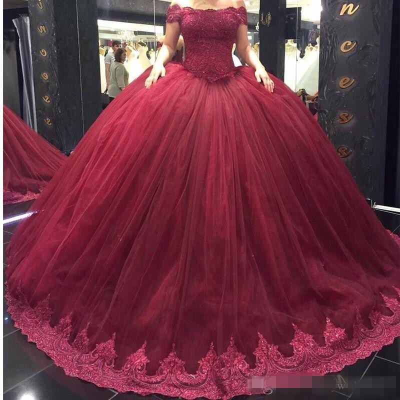 

Burgundy Ball Gown Tulle Quinceanera Dresses New Elegant Off the Shoulder Lace Sequins Appliques Top Organza Long Sweep Train Gowns, Gold