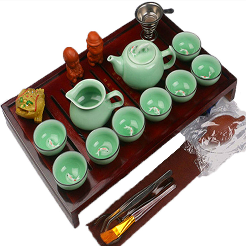

Chinese Kung Fu Tea Set Drinkware Purple Clay Ceramic Include Tea Pot Cup Tureen Infuser Natural Wood Tea Tray Preference