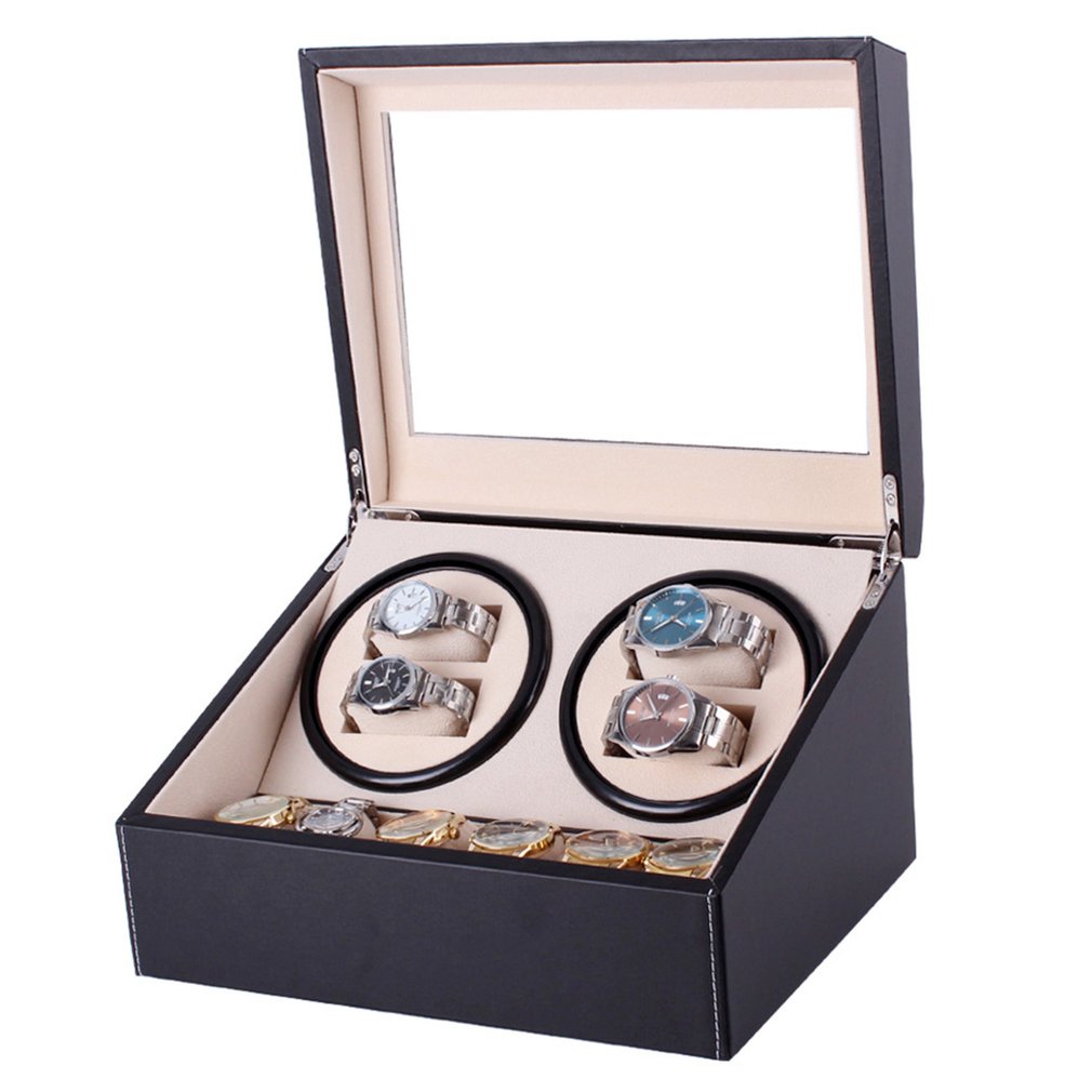 

Mechanical Watch Winders Black PU Leather automatic Storage Box Collection Watch Display Jewelry US plug Winder Box