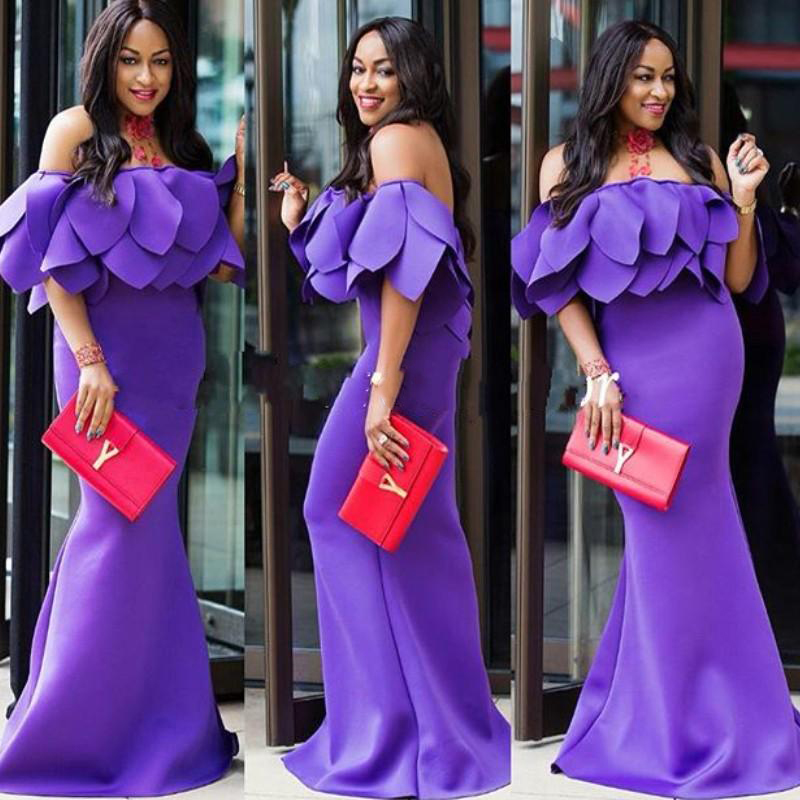 Élégant violet robes de bal sud-africain à plusieurs niveaux conception hors épaule satin sirène robes de soirée étage longueur femmes robe de so
