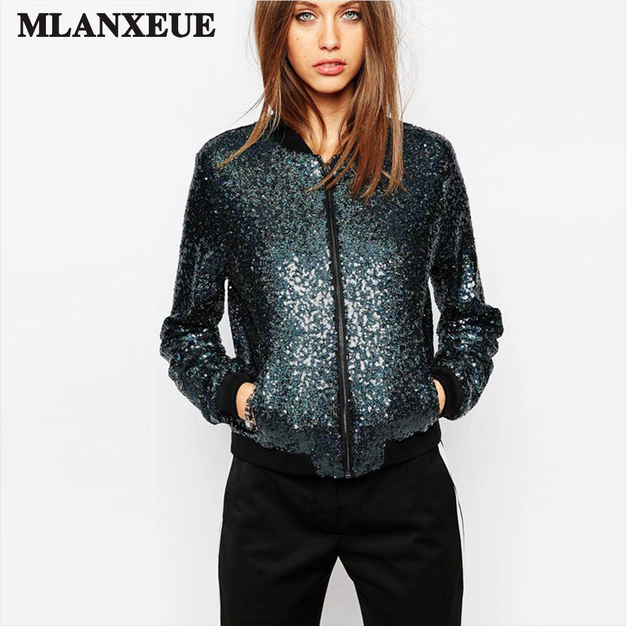 

Autumn Women Sequin Coat Blue Bomber Jacket Long Sleeve Zipper Streetwear Jacket Preppy Loose Casual Basic Coat Casaco Feminino