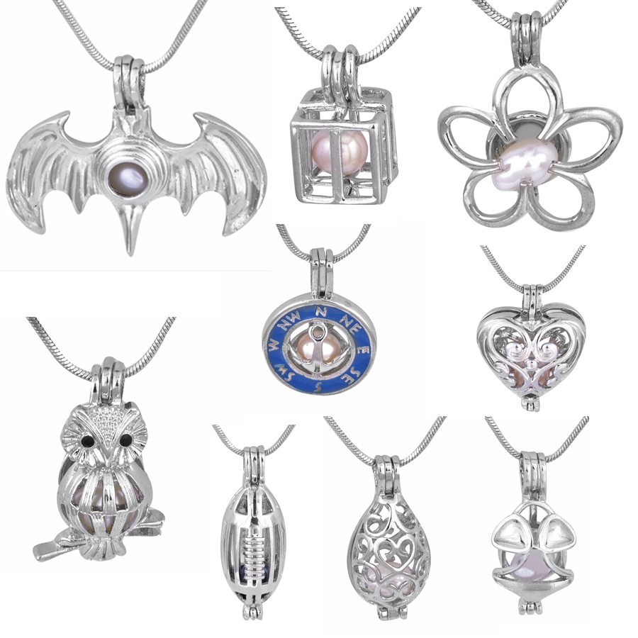 

18KGP Silver Love Wish Natural Pearl Cage Pendant Owl/Compass/New Heart/Treasure Chest/Rugby/Batman Fashion Charm Pendants 20pcs/lot T12