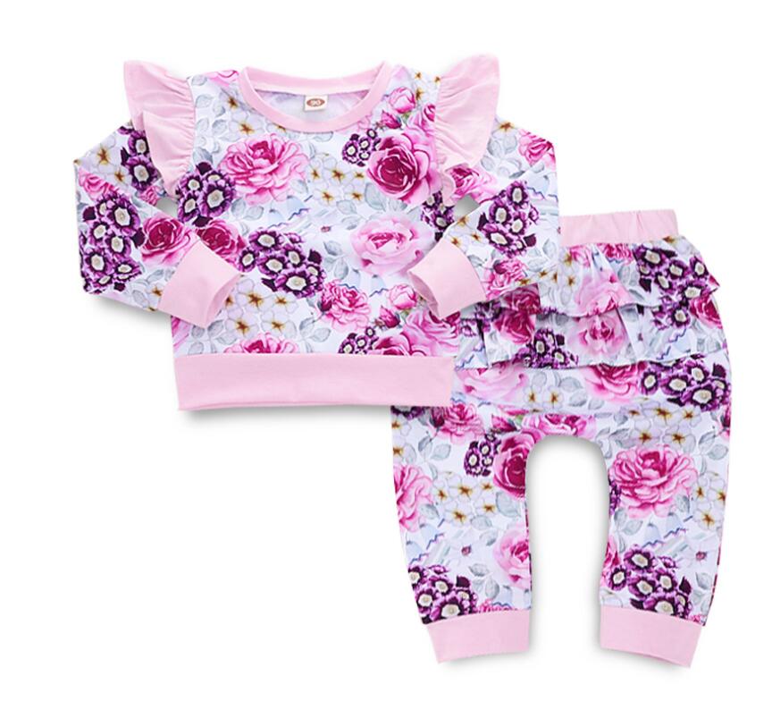 

Baby Floral Print Pleated Long Sleeve T-Shirt and Skirt Pants Set Girl Spring and Autumn Tops Suit Kids Clothes Two Pieces Suit ZHT 142, As picture