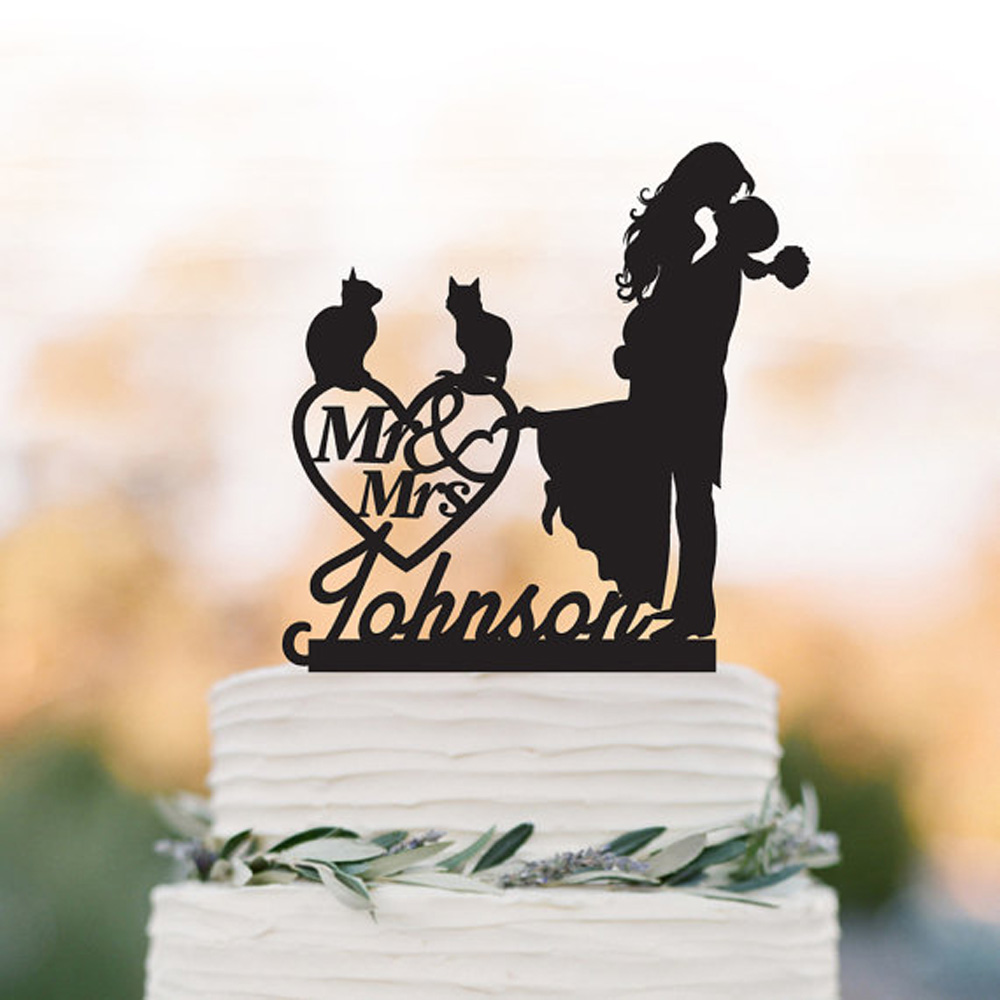 

Cat Personalized Wedding Cake topper groom lifting bride with mr and mrs cake topper. custom wedding heart decor topper.