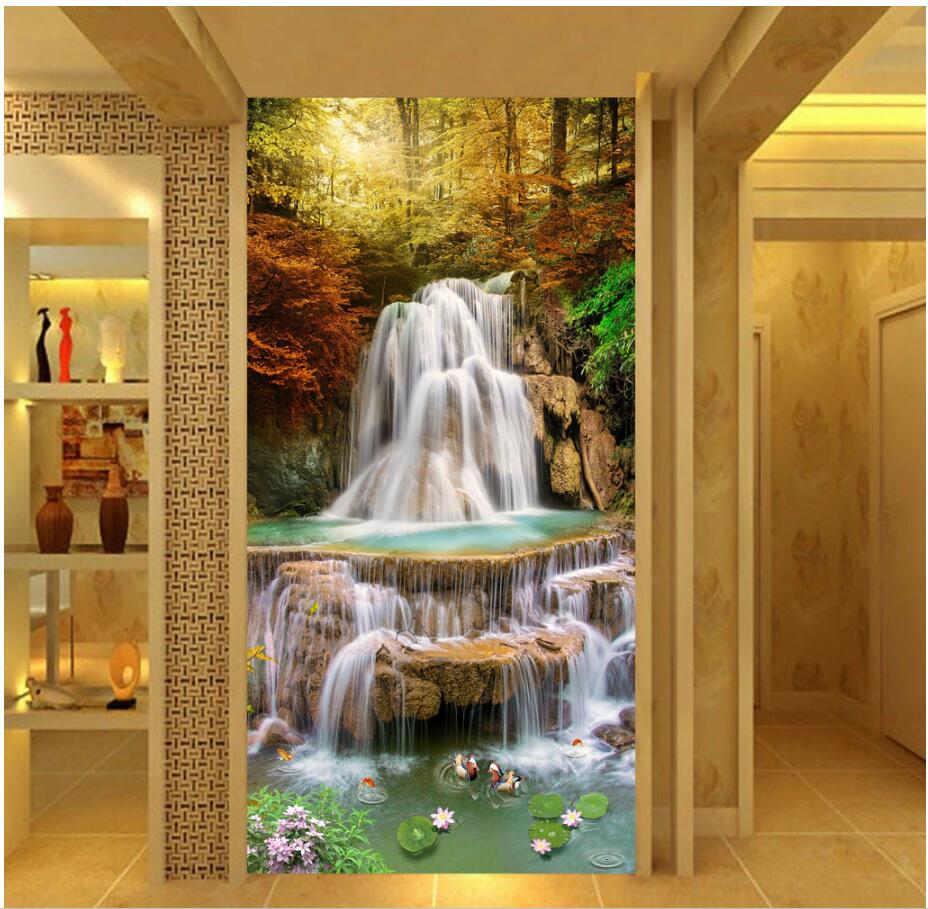 

3d wallpaper on a wall custom photo Golden maple leaf forest water waterfall porch Home improvement 3d wall murals wallpaper for living room, Green