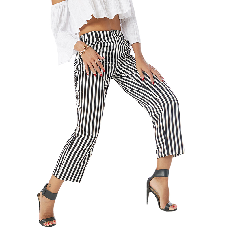 

Striped Pants Women's Elastic Waist Strip Ankle-Length Straight Pants 2018 Summer New Arrival Casual White Trousers Female