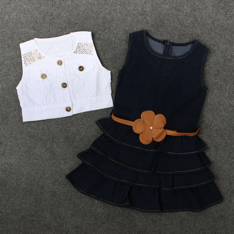 

Girls Jeans Dress Vest Jacket Clothing Sets Sleeveless Denim Sleeveless Layered Dresses Waistcoats Belt 3PCS Outfits Kids Clothes Suits, White