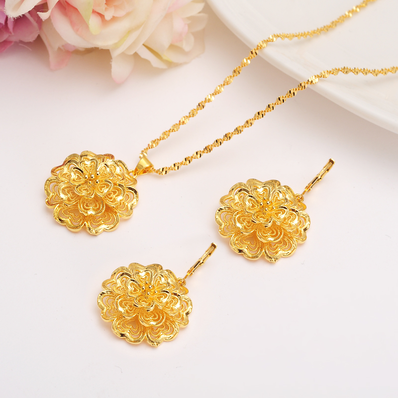 

Ethiopian 24k Fine Yellow Gold Filled Multichamber Flower set Jewelry Pendant Chain Earrings African Bride Wedding Bijoux Gift, Golden