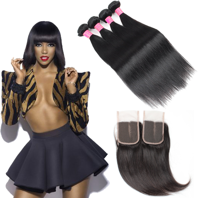 

Wholesale Cheap 8A Brazilian Straight Hair 4 Bundles With Closure Free/Middle/Three Part 4*4 Lace Closure With Baby Hair Swiss Lace Closure, Natural color