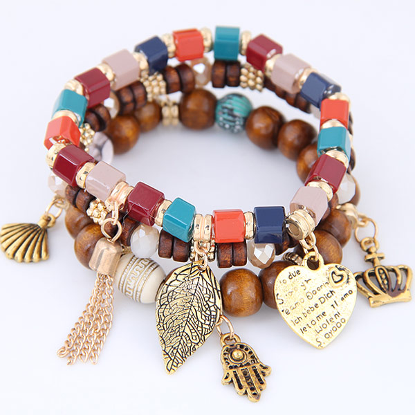 

Vintage Wooden Beads Bracelets & Bangles Multi Charms Bracelet Three Lines Bracelets For Women Bijoux Pulseira Jewelry