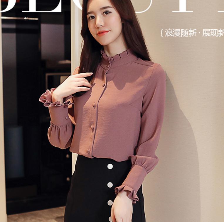 

2018 new style spring chiffon shirt collar female Korean Stand collar long sleeve solid color shirt, Red