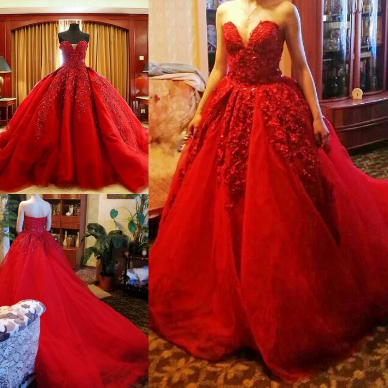 

Red Ball Gown Wedding Dress Sexy Sweetheart Lace Appliques Bridal Gowns Tulle Multi-Layer Sweep Train Wedding Vestidos Custom Made, Ivory