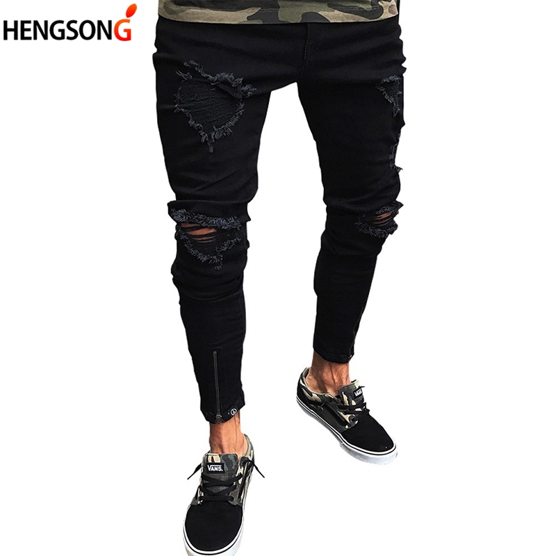 

2018 New Fashion Men Shredded Skinny Jeans Knee Ripped Hole Destroyed Distressed Pencil Stretchy Men' Jeans, As pic