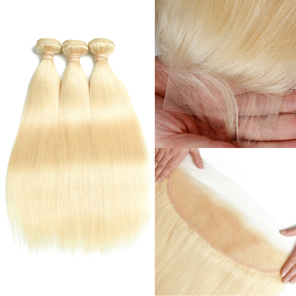 

Brazilian Straight Hair 613 Blonde Hair Bundles with Lace Frontal Closure 10-30 inch Body Wave Remy Human Hair Bundles Weave with Closure, Straight with closure