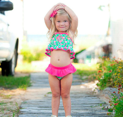 

2018 New Baby Girls Swimwear 2psc Sets Cartoon Flamingo Printed Tops+ Briefs Short Bathing Swimming Suits Free Shipping, As photo