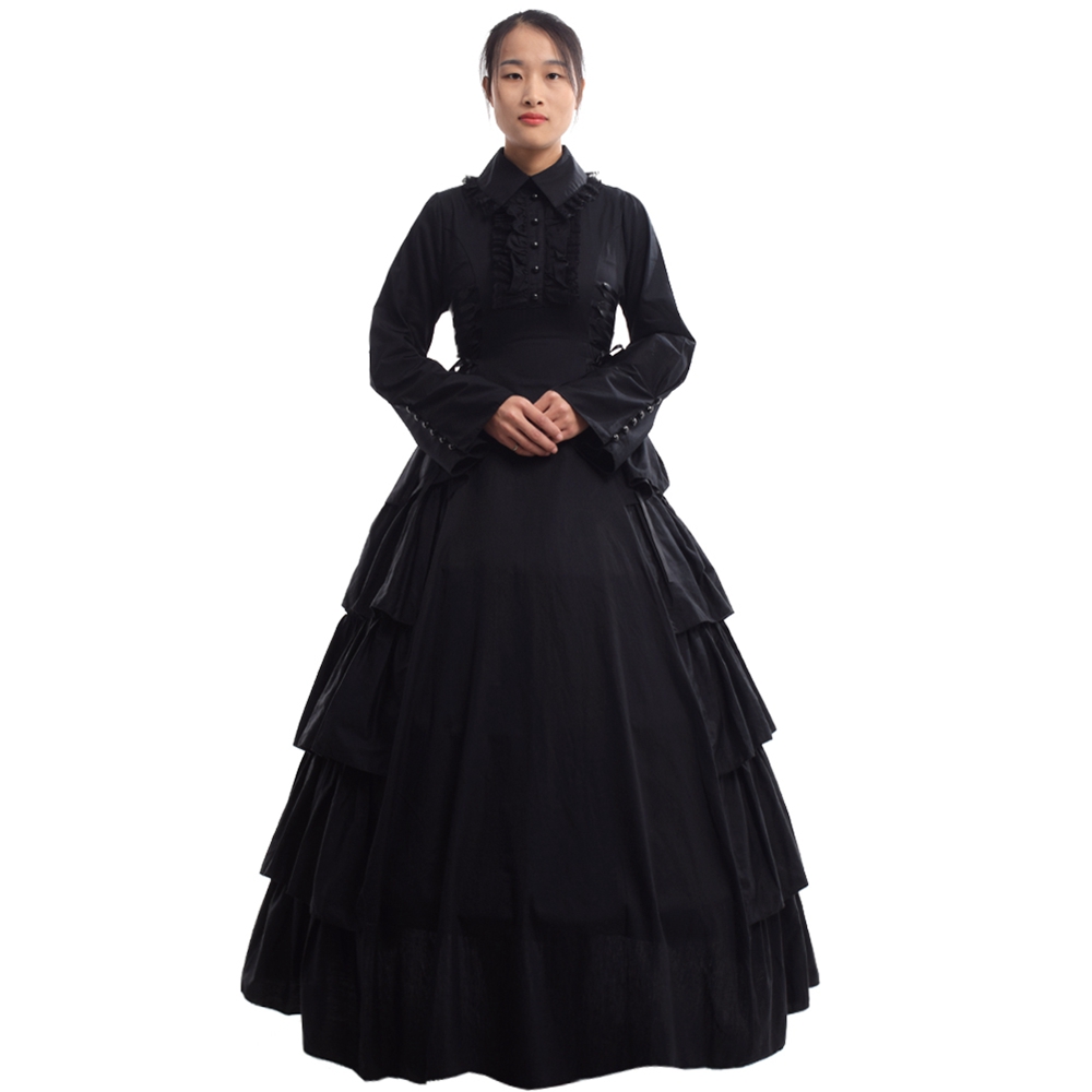 

Retro Women Gothic Medieval Flounces Reenactment Costume Dress Vintage Victorian Carnival Party Black Ball Gown Dress