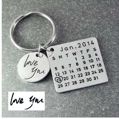 

Fathers Day Sale,Personalized Calendar Keychain,Signature calendar key chain Hand Stamped Calendar, Date highlighted with heart