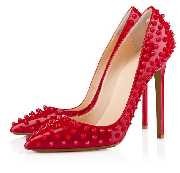 

New Pumps Bottom Pointed Toe Rivets High Heels Shoes Designer Wedding Bridal Shoes Women's Shoes With Heels., Black