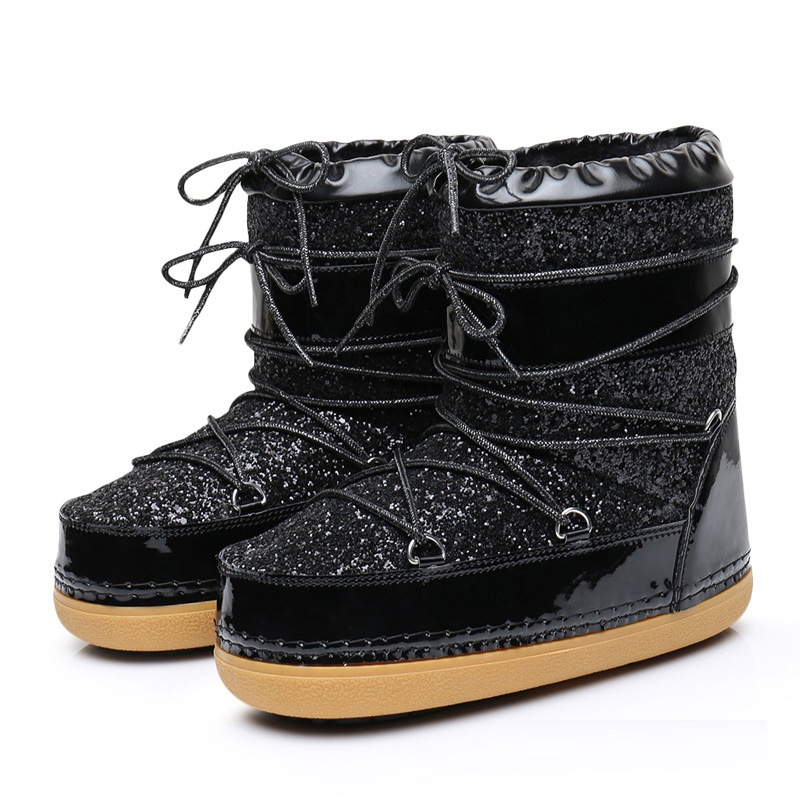 

Black Lace-Up Snow Boots Space Shoes Fashion Waterproof Womens Boots