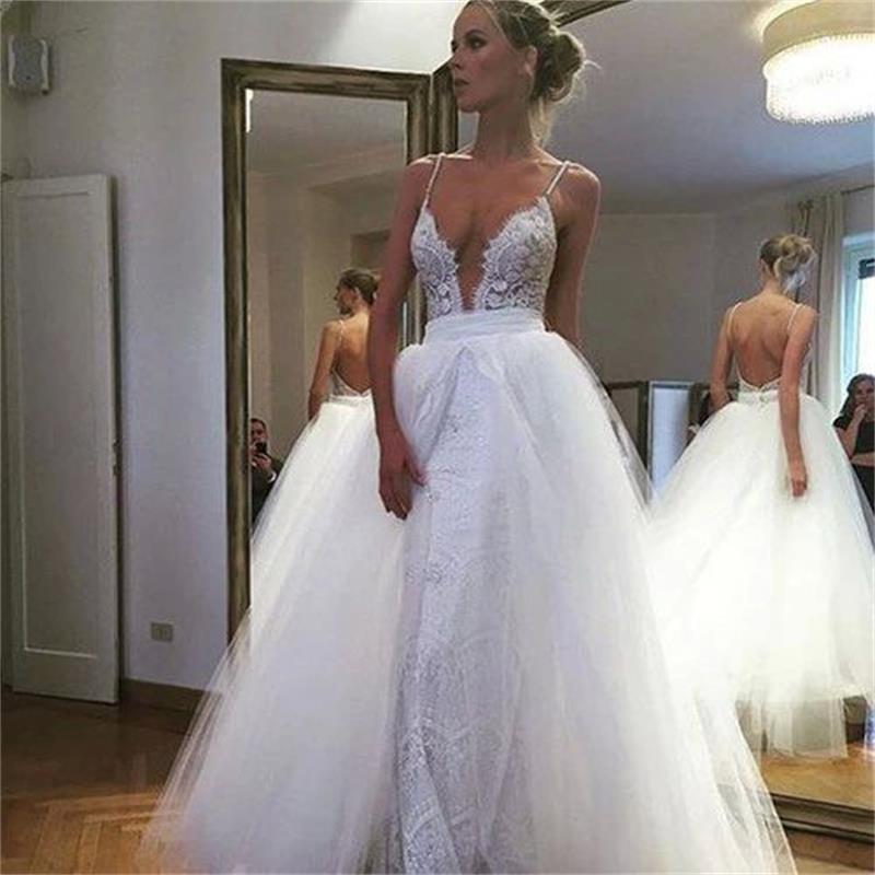

New Deep V-Neck Sexy Wedding Dress With Detachable Skirt open back Elegant Lace Tulle Spaghetti Straps Gowns Bridal Dress, White