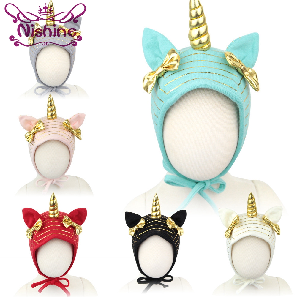 

Nishine Gold Unicorn Horn Hat Bow Tie Newborn New Caps Turban Beanie Kids Headwear Photography Props Birthday Gift, Multicolor