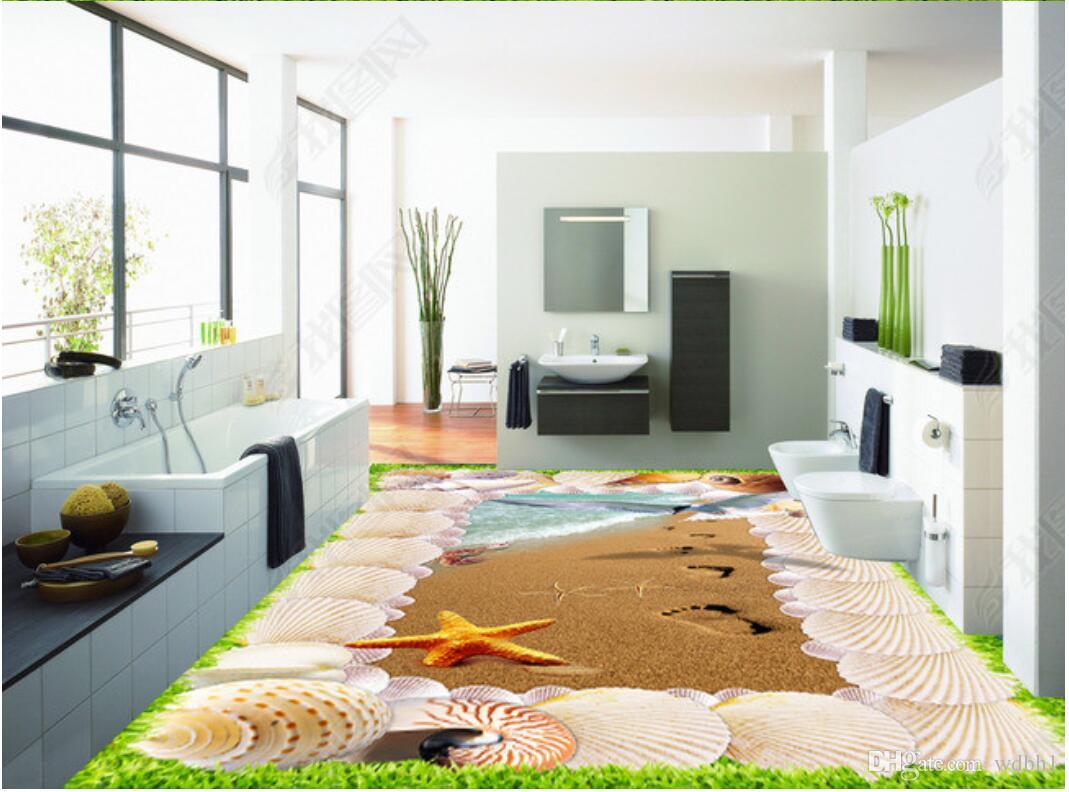 

3d pvc flooring custom photo Waterproof floor wall sticker Footprints shells fish eagle love beach landscape floor 3d wall murals wallpaper, Light yellow