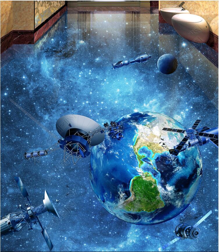 

3d pvc flooring custom photo Cosmic Galaxy Earth Interstellar Space Station 3D Floor painting 3d wall murals wallpaper, Sky blue