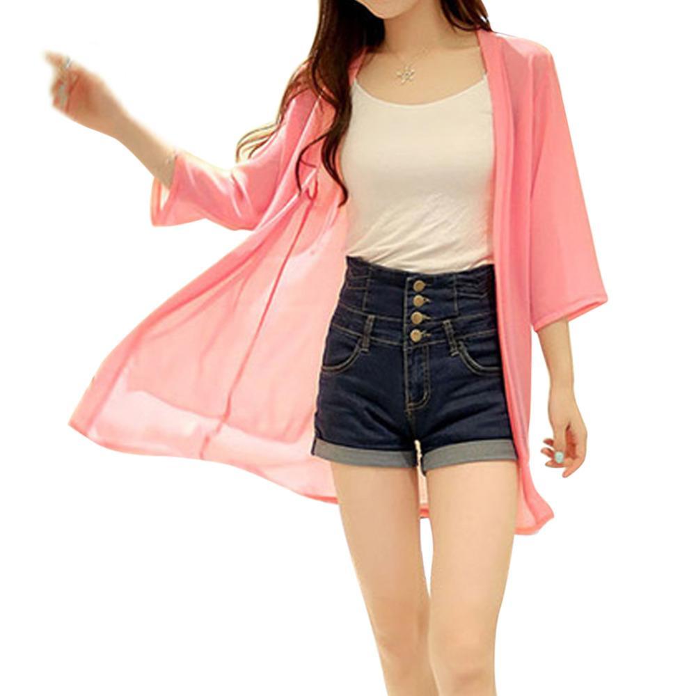 

Long Chiffon Blouses Summer Women 2018 Fluorescent Sheer Shirt Tops Ladies Casual Cardigan Cover Up For Beach Wear Blusas mujer, Pink