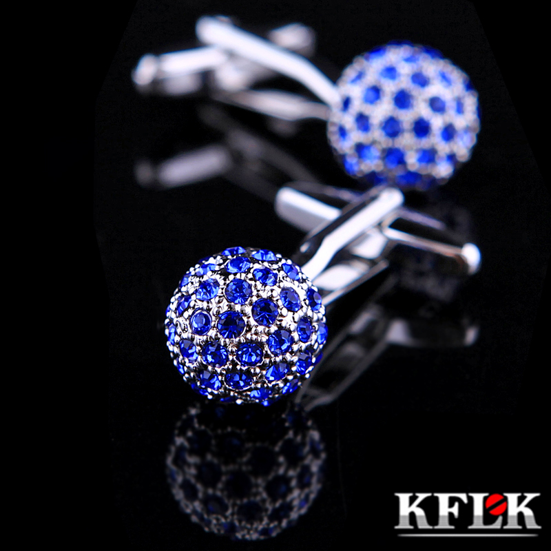 

Kflk Jewelry Brand Blue Crystal Ball Cuff Link Wholesale Buttons Designer High Quality Shirt Cufflinks For Mens Free Shipping, Silver
