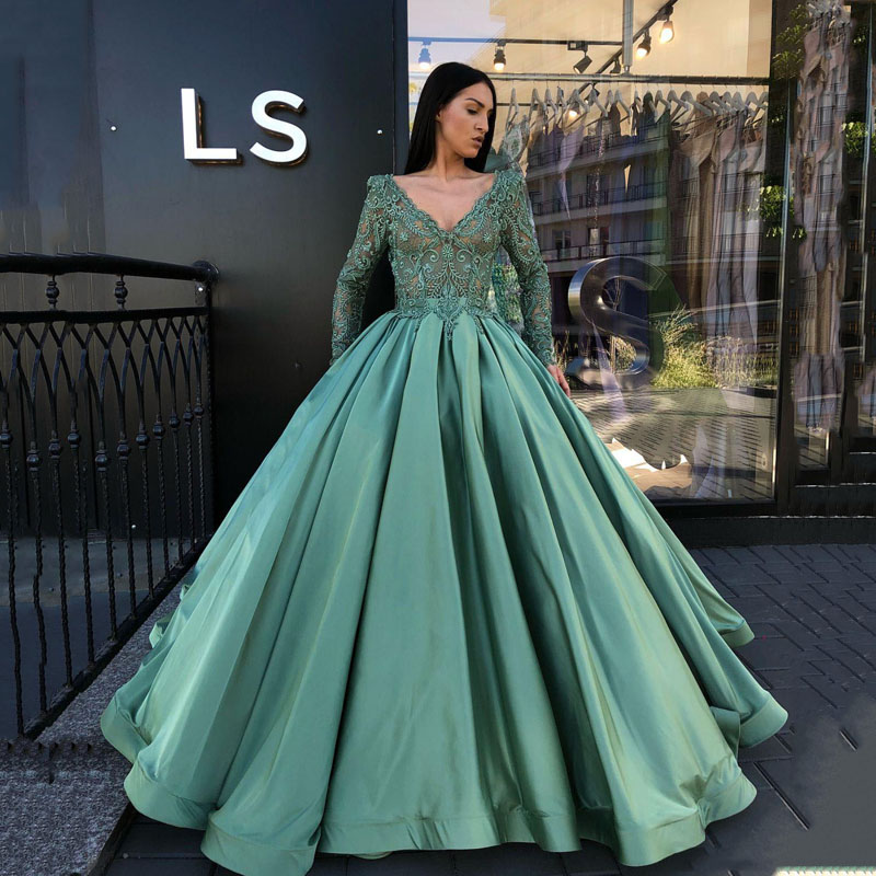 Sexy Hunter Style New Green Evening V neck Long Sleeves with Lace Applique Prom Gowns A line Floor length Custom Made Dresses