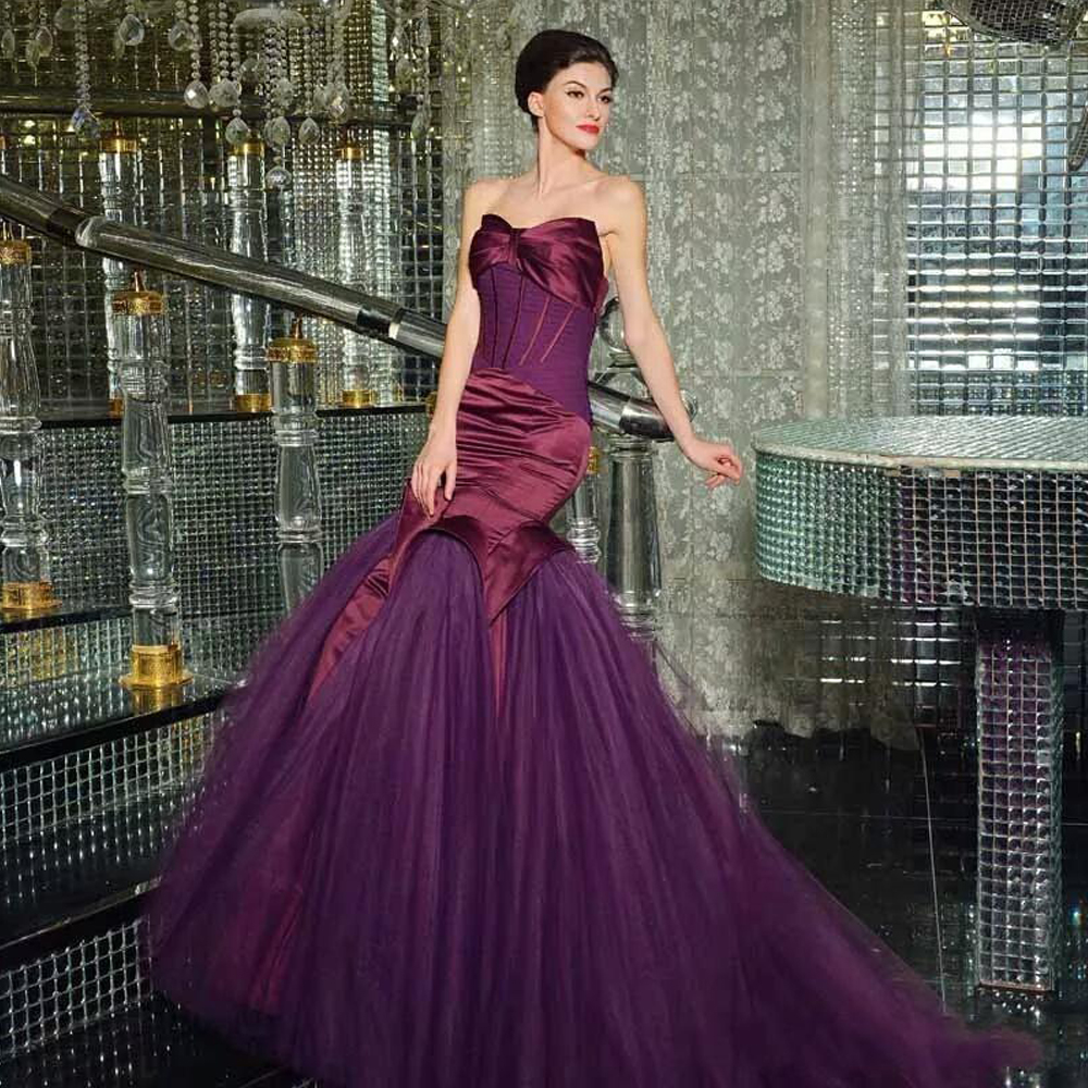 

Fashion Stitching Purple and Burgundy Evening Dresses Sweetheart Mermaid Prom Gowns Tiered Tulle Trumpet Evening Wear, Black