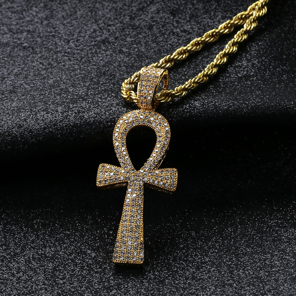 

Hip Hop Silver/Gold Color Jesus Egyptian Ankh Key Cross Pendant Necklaces Cubic Zirconia Long Chains for Male and Women
