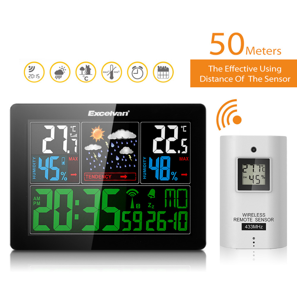 

EXCELVAN COLOR Wireless Weather Station With Forecast Temperature Humidity EU Plug Alarm and Snooze Thermometer Hygrometer Clock