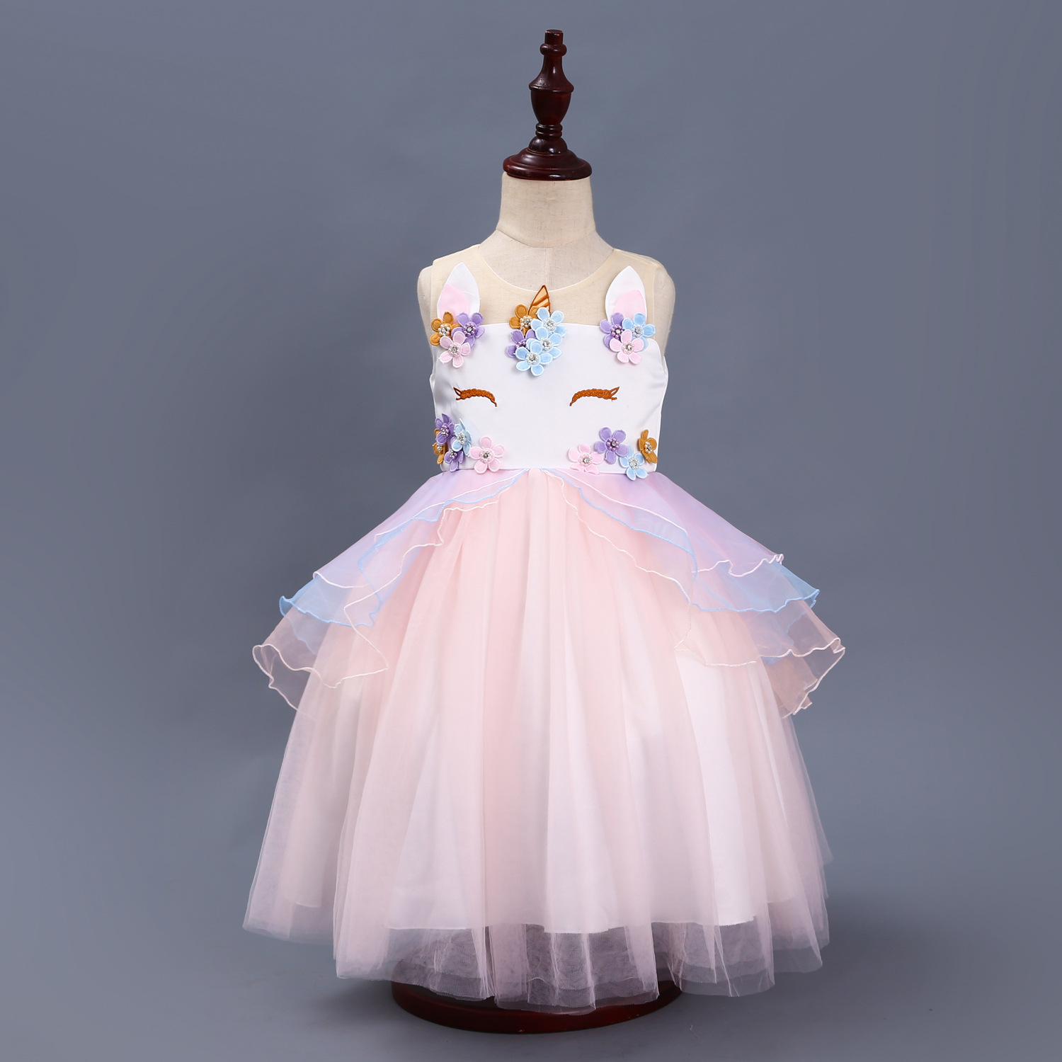 

9 Layers Hem Toddler Girls Unicorn Dress Sleeveless Embroidered 3D Unicorn Princess Dresses Wedding Dress Summer Performance Skirt 90-150cm, Blue