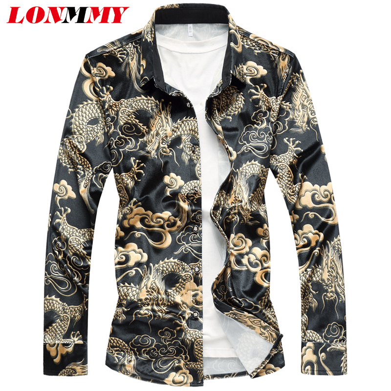 

LONMMY 6XL 7XL Plus size Long sleeves shirt men blouse Velour Dragon pattern Slim Casual Mens dress shirts 2017 Autumn Spring, 8805 blue