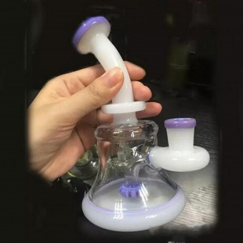 

White Jade Glass Bongs With Purple Mouth Handblown Two Function Water Bong Oil Rigs Water Pipe Beaker Dab-RigsH Hookahs 16cm Joint 14.4mm
