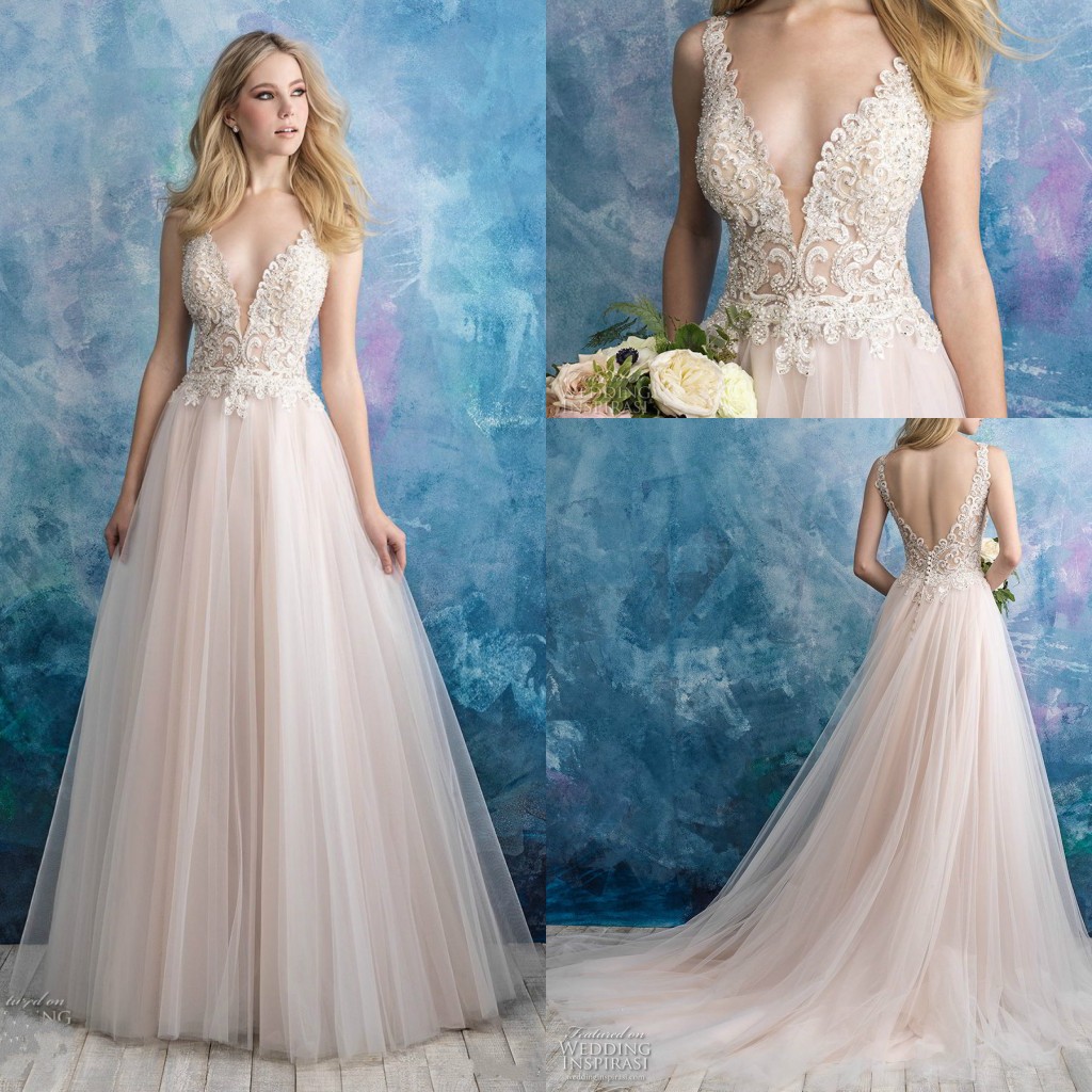 

2018 Modest Deep V Neck Lace Applique Wedding Dresses Tulle Beaded Sleeveless Bridal Gowns Sweep Train Bride Dress Formal Gowns, Gold