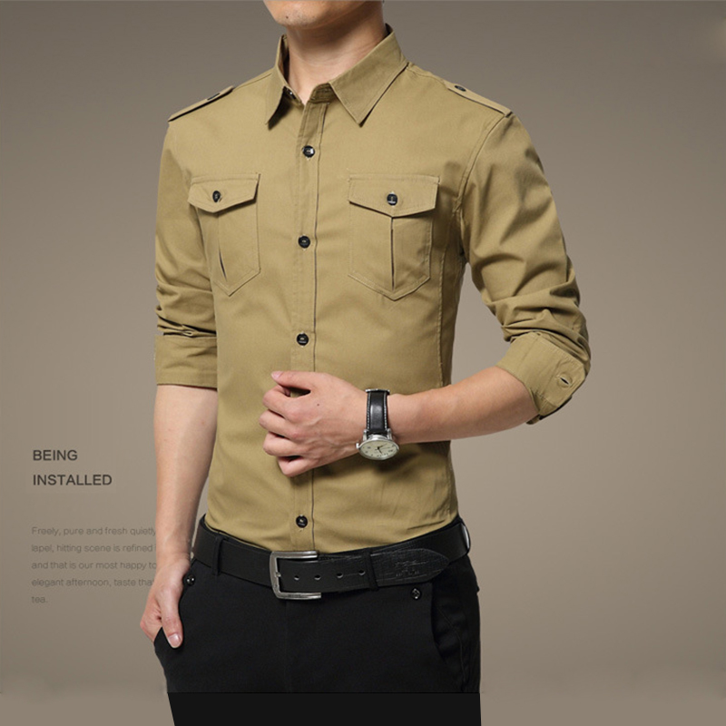 

Wholesale men's long sleeved shirts, military equipment, Casual Shirts, lapel, single buckle, shoulder straps, pure color, all cotton shirts, Blue