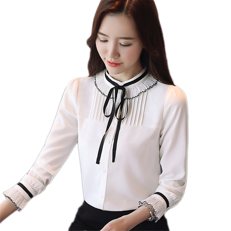 

Women's Blouses & Shirts Spring Chiffon Blouse 2021 Women Tops And Shirt Fashion Bowknot Pleated Long Sleeve Female, White