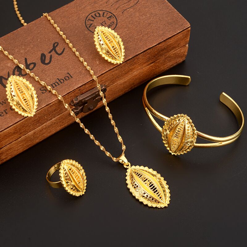 New Ethiopian Necklace/Earrings Wedding Jewelry Set For Women 24 k Solid Gold Color/Copper African/Ethiopian/Dubai Party Gifts-image-413604642