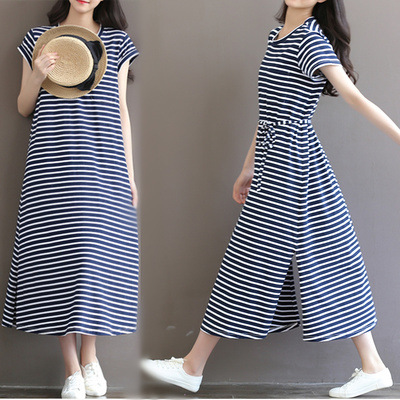 

Maternity Dresses Pregnant Women Long Maxi Dress Short Sleeve Cotton Stripe for New Mom Nursing Clothing for Outing