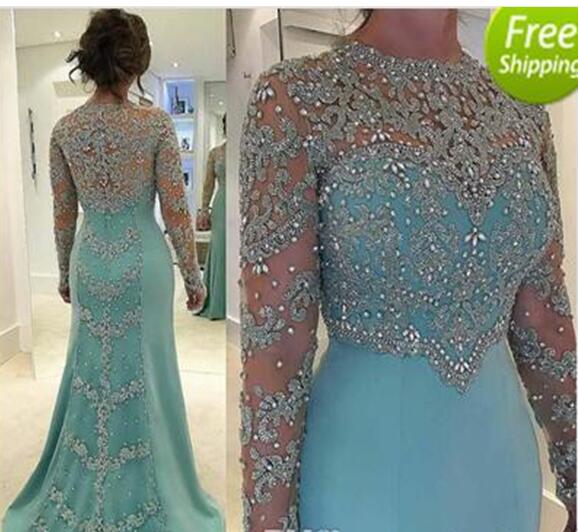 Mint Green Vintage Mermaid Mother Of The Bride Dresses Long Sleeve Beads Crystal Lace Appliqued Plus Size Satin evening Guest Dress
