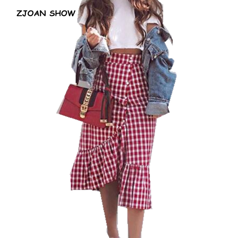 

Retro Asymmetrical Check Gingham Skirt Women Red White Plaid Empire Long Skirts Ruffled Female Skirt High Waist Cotton Club, Black plaid
