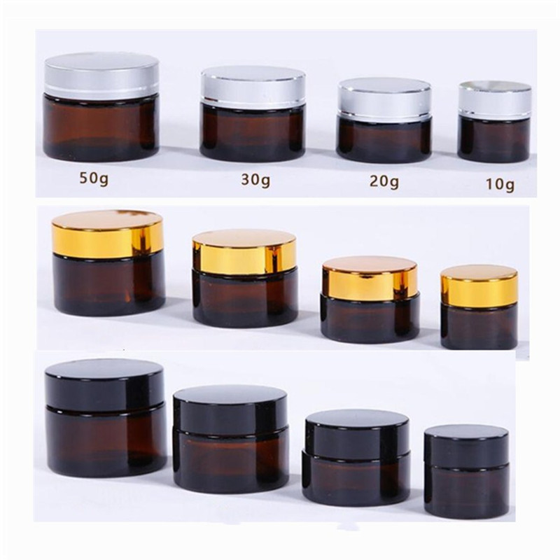 

5g 10g 15g 20g 30g 50g Empty Amber Glass Jars Face Cream Bottle Containers with Inner Liners and Gold Silver Black Lids