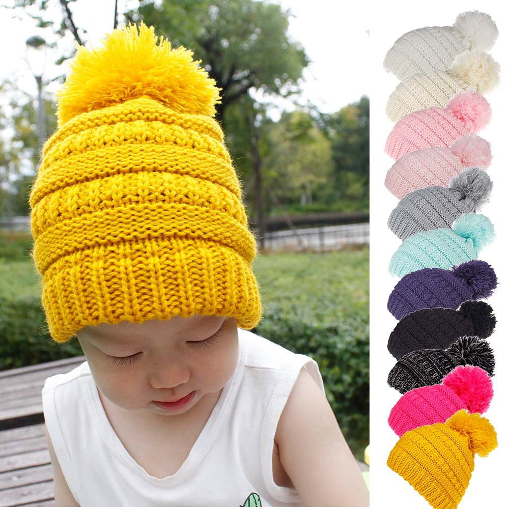 

Kids Pom Pom Beaies INS Winter Knitted Hat Warm Wool Hat Ladies Skull Beanie Solid Children Knit Outdoor Caps LJJA2782, Opp bag;not product